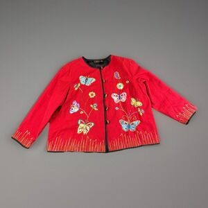 Vintage 90s Allure Jacket Women 2X Red Butterfly Embroidered Art to Wear Boho